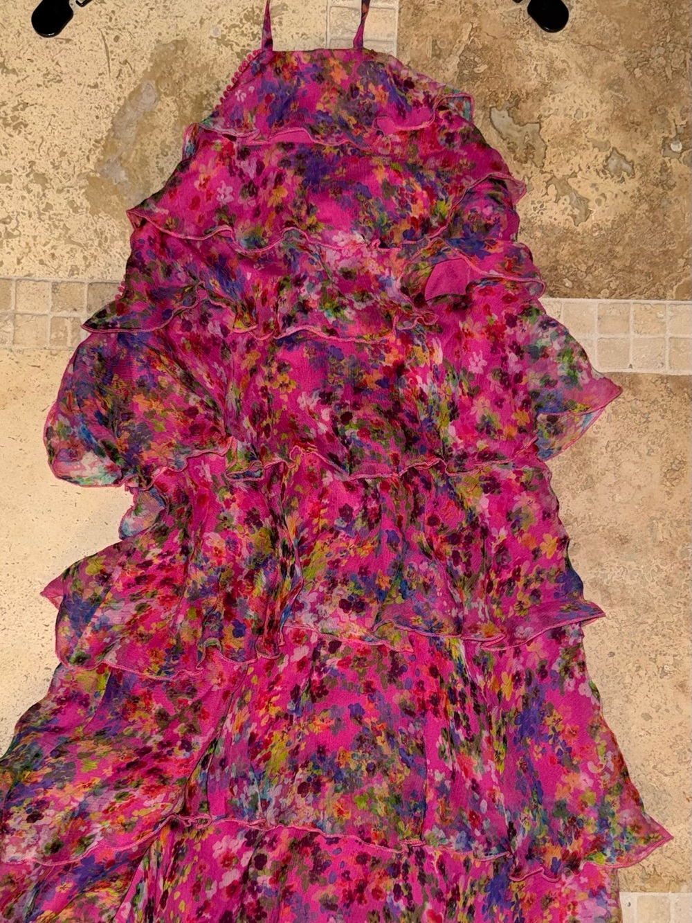 Saloni Floral Pink Ruffle Tiered Dress 100% Silk